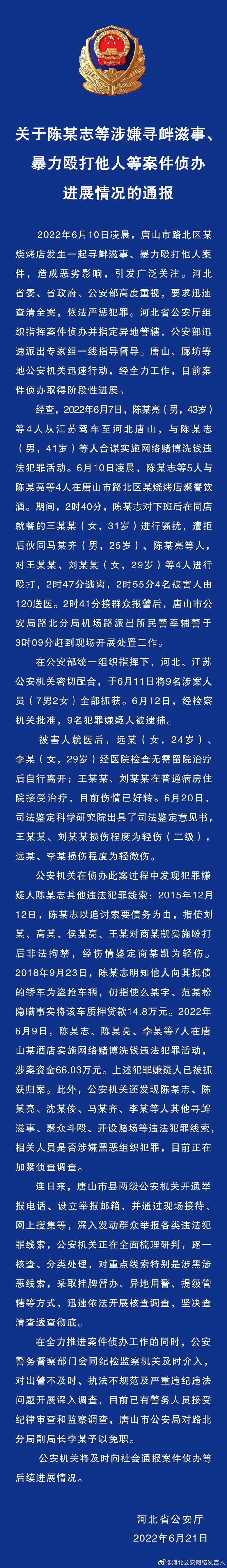 關于陳某志等涉嫌尋釁滋事、暴力毆打他人等案件偵辦進展情況的通報