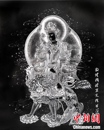 圖為朱增平創(chuàng)作的鍥金畫《敦煌榆林窟文殊菩薩》。(資料圖) 受訪者供圖