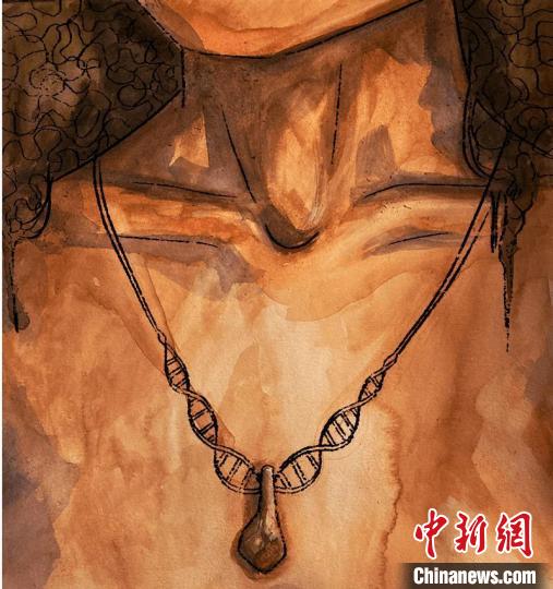 墜飾藝術(shù)再現(xiàn)圖，圖中吊墜繩為DNA螺旋樣式(圖片作者M(jìn)yrthe Lucas)?！∈┢樟指瘛ぷ匀?供圖