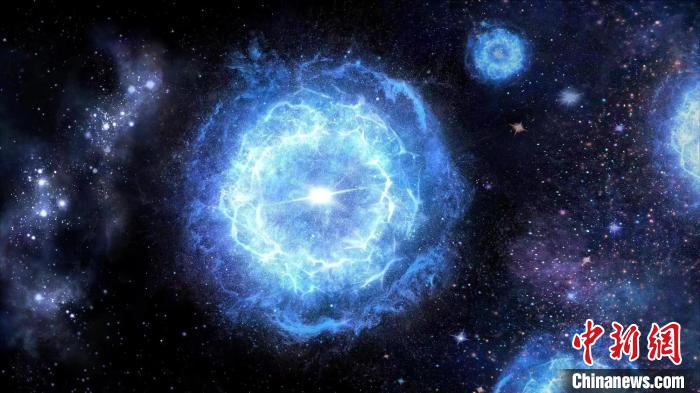 第一代超大質(zhì)量恒星演化成為“對(duì)不穩(wěn)定超新星”的藝術(shù)展示圖。　中科院國(guó)家天文臺(tái) 供圖