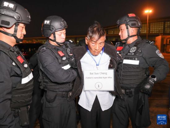1月30日，在緬甸內(nèi)比都國際機場，緬甸警方依法向我公安機關(guān)移交緬北重大犯罪嫌疑人白所成。新華社記者 殷剛 攝