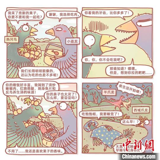 根據(jù)此次熱河鳥研究成果繪制的漫畫(燁子/繪)。　中科院古脊椎所 供圖