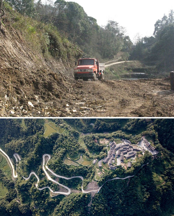 拼版照片：上圖為2011年12月拍攝的湖南省湘西土家族苗族自治州花垣縣十八洞村進(jìn)村道路；下圖為2019年9月拍攝的十八洞村及進(jìn)村道路。