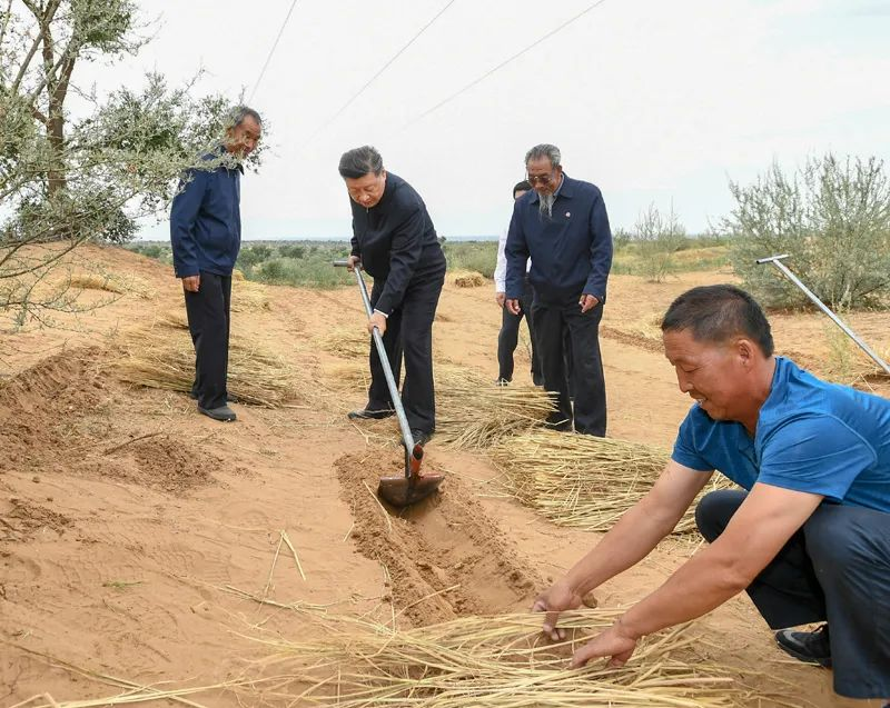 2019年8月21日，習近平來到甘肅省武威市古浪縣八步沙林場，實地察看當?shù)刂紊吃炝帧⑸鷳B(tài)保護等情況。新華社記者 謝環(huán)馳 攝