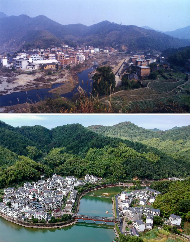 圖為浙江省杭州市淳安縣楓樹嶺鎮(zhèn)下姜村拼版圖，其中上圖為資料照片、下圖由新華社記者張鋮攝。