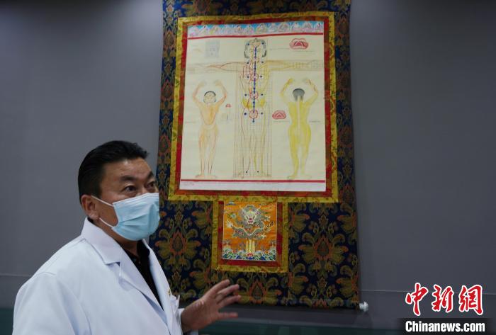 圖為興海縣藏醫(yī)院院長介紹藏醫(yī)四部醫(yī)典詳實圖。　馬銘言 攝