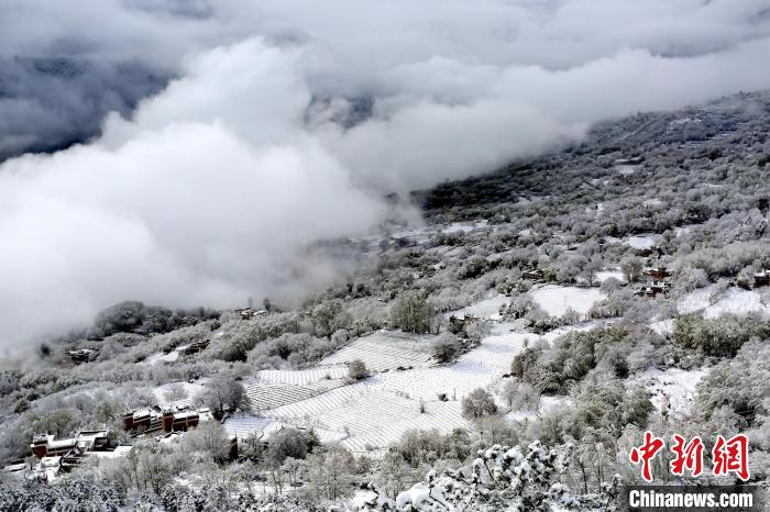雪后的丹巴半山云霧繚繞?！±钣腊?攝
