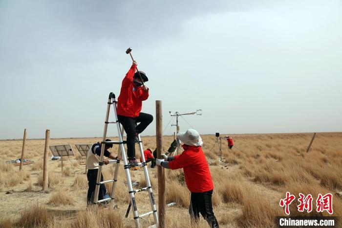 格爾木濕地站建設(shè)過程中，第二次青藏科考中科院空天院分隊(duì)隊(duì)員揮錘安裝防護(hù)欄?！?lt;a target='_blank' href='/'><p  align=