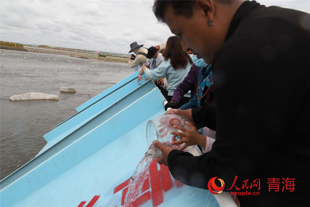 群眾放流青海湖裸鯉。人民網(wǎng) 陳明菊攝
