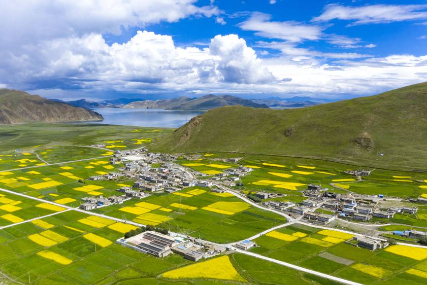 航拍道布龍村，依山傍水，阡陌縱橫。